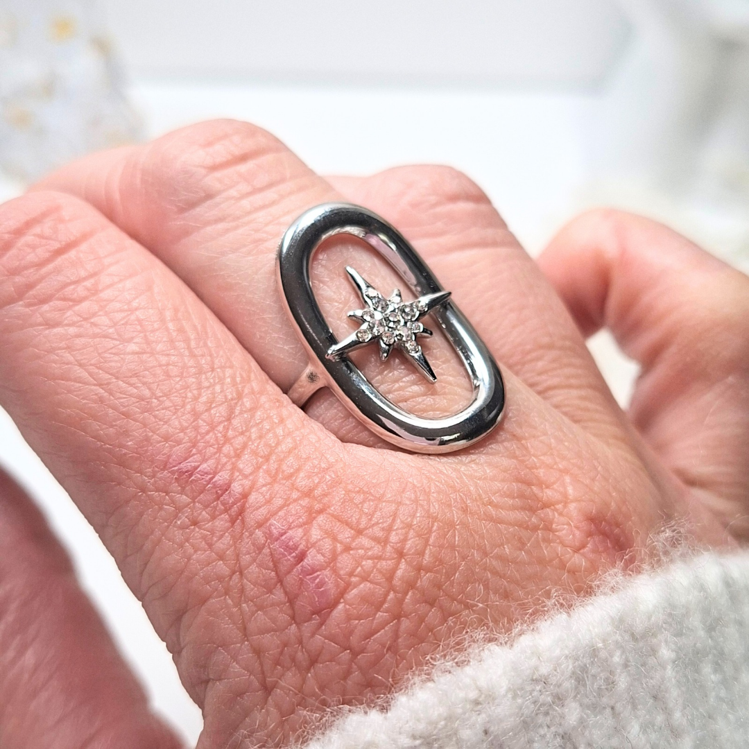Bague argentée en acier inoxydable étoile du nord portée sur la main