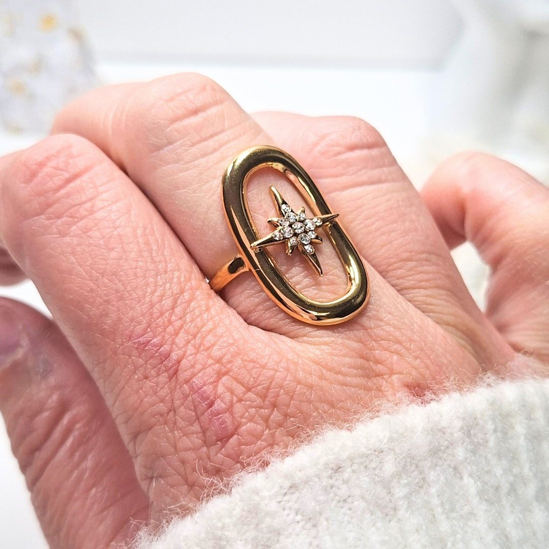 Bague dorée étoile du nord en acier inoxydable portée