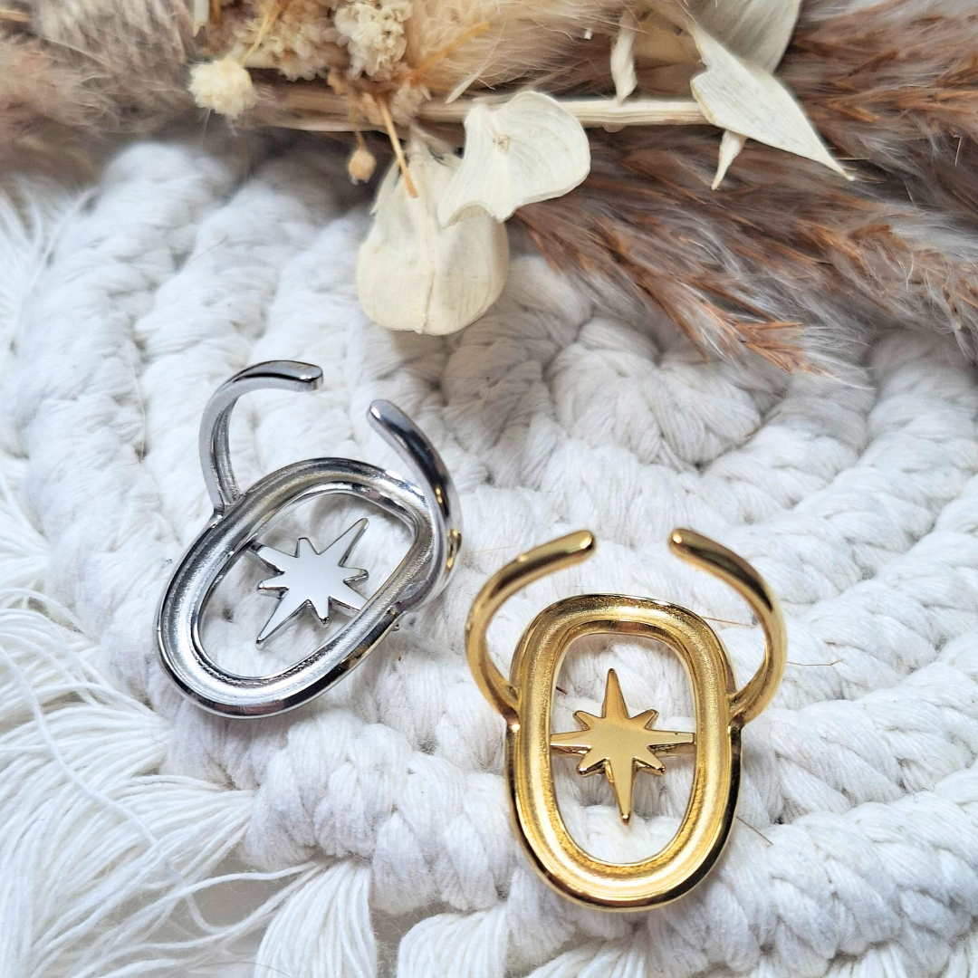 Vue arrière des bagues ajustables étoile du nord dorée et argentée en acier inoxydable