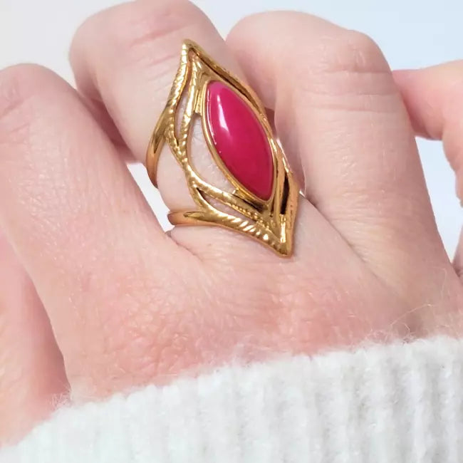 Bague dorée ajustable en acier inoxydable, pierre marquise fuchsia, bijou tendance