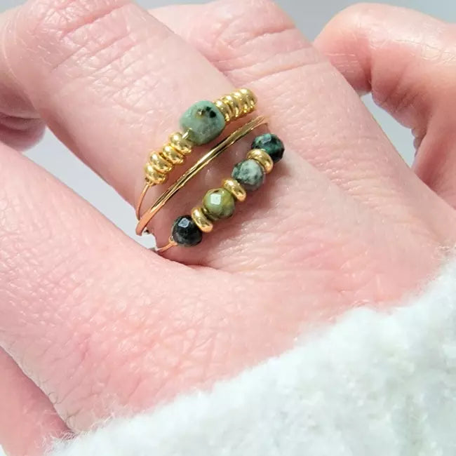 Bague dorée femme ajustable à deux rangs – Bijou perles vertes en acier inoxydable