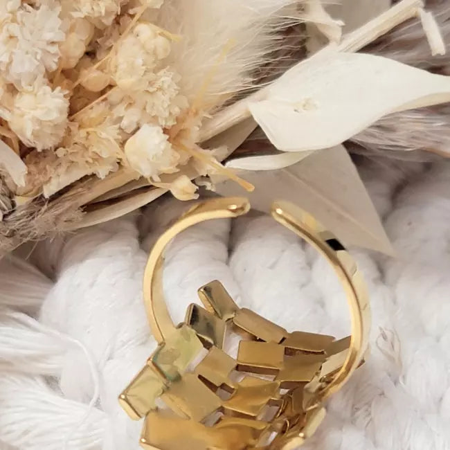 Bague dorée ajustable en acier inoxydable, bijou original au design graphique ajouré