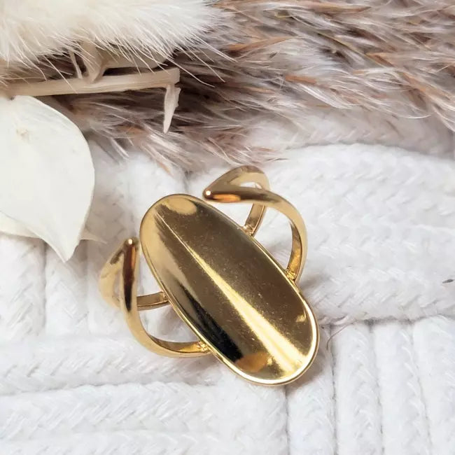 Bague large dorée ajustable en acier inoxydable, bijou chic et contemporain