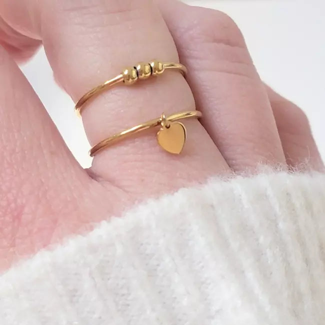 Bague ajustable femme dorée en acier inoxydable avec perles et pendentif cœur