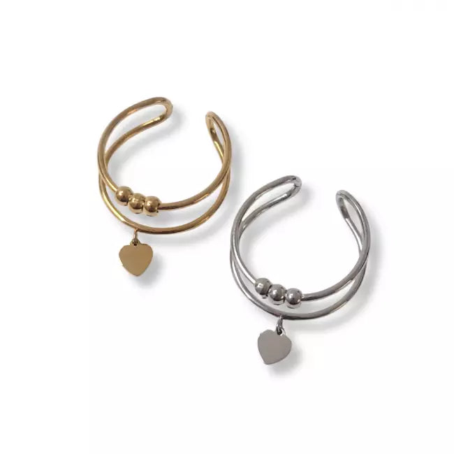 Bague cœur et perles en acier inoxydable doré et argenté