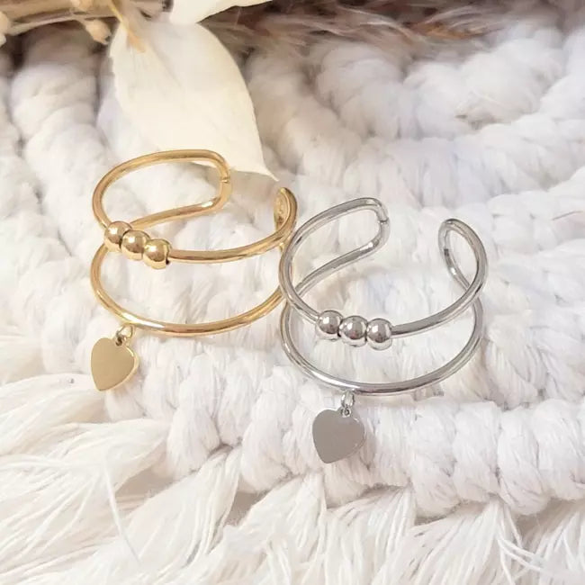 Bagues femme acier inoxydable doré et argenté avec perles et pendentif cœur