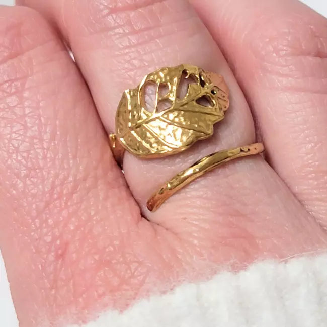 Bague ajustable femme dorée en acier inoxydable motif feuille