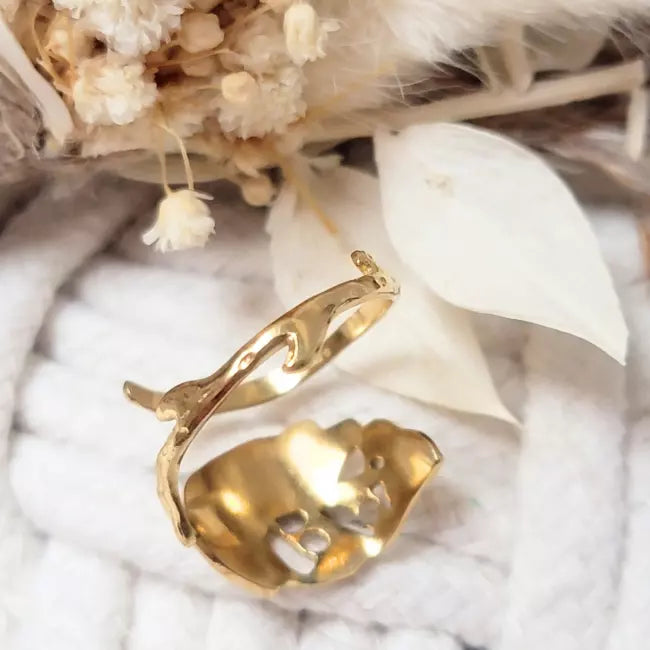 Bague ouverte ajustable dorée motif feuille en acier inoxydable