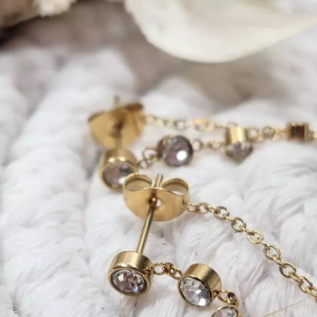 Fermoir et chaîne boucles d’oreilles dorées pendantes à strass – acier inoxydable