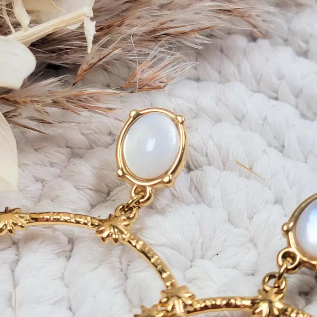 Gros plan boucles d’oreilles dorées soleil avec pierre nacrée blanche tendance