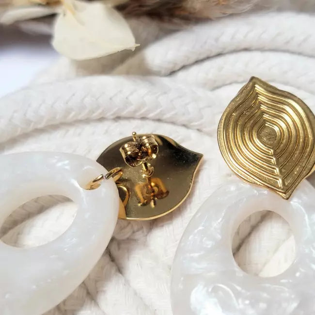 Détail fermoir boucles d’oreilles pendantes en résine nacrée et acier inoxydable doré