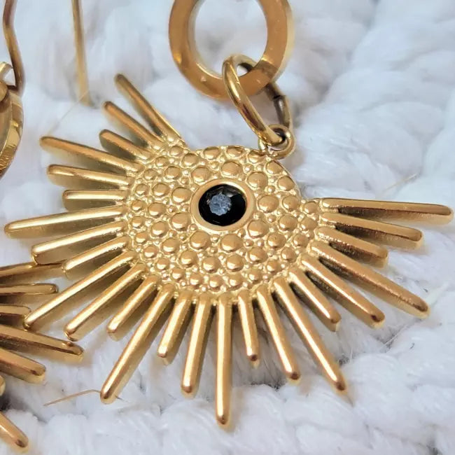 Boucle d’oreille dorée motif soleil avec pierre noire – bijou tendance bohème femme