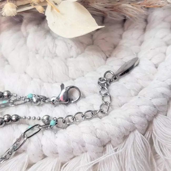 Bracelet ajustable multi-rang acier inoxydable femme avec pierre turquoise