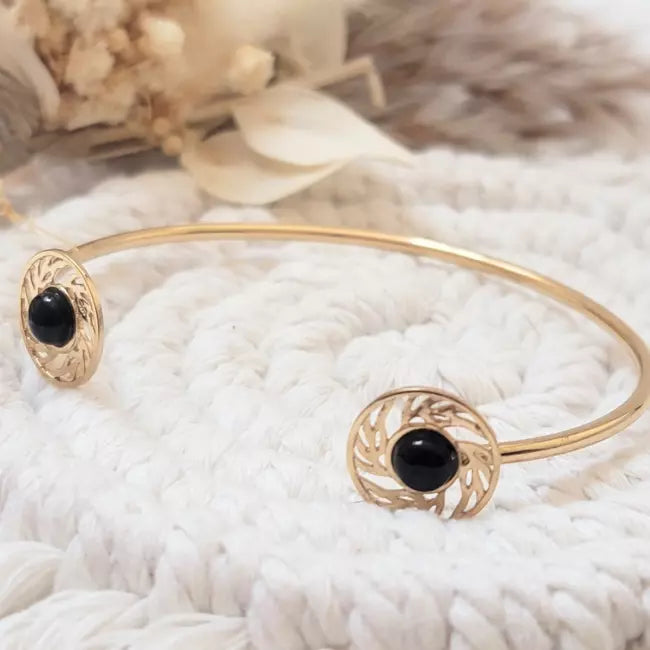 Bracelet ouvert doré acier inoxydable avec cabochons noirs ronds