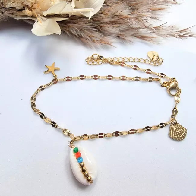 Chaîne de cheville dorée bohème en acier inoxydable avec coquillage, étoile de mer et coquille dorée