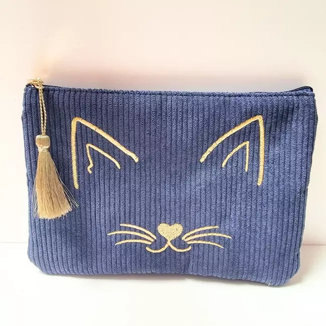 Pochette en velours côtelé bleu motif chat brodé doré avec pompon, trousse zippée