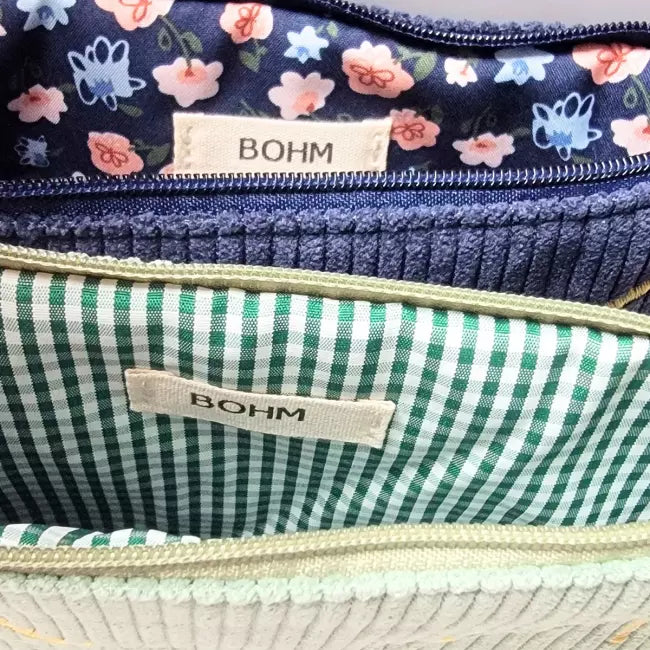 Intérieur de pochette chat en velours côtelé, doublure fleurie et à carreaux, trousse zippée