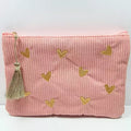 Trousse en velours côtelé rose brodée de cœurs dorés avec pompon, pochette femme
