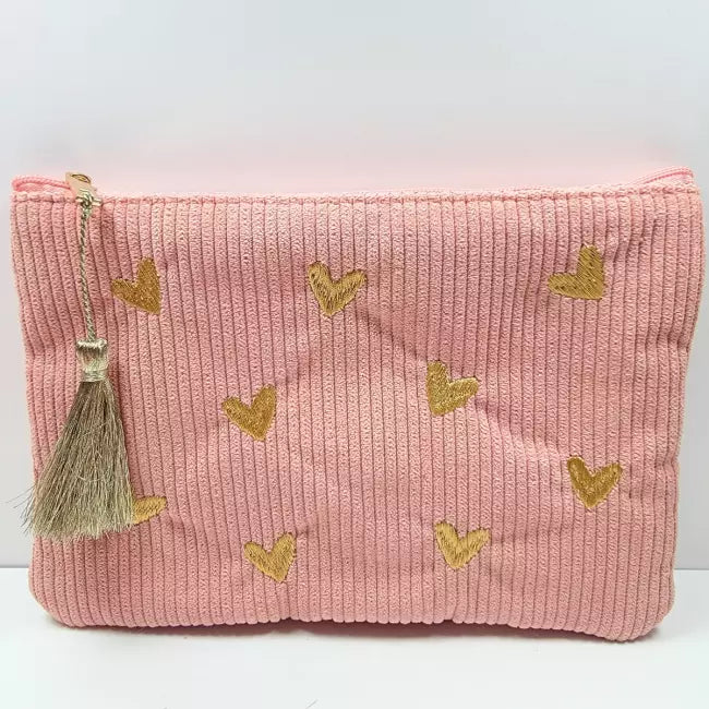 Trousse en velours côtelé rose brodée de cœurs dorés avec pompon, pochette femme