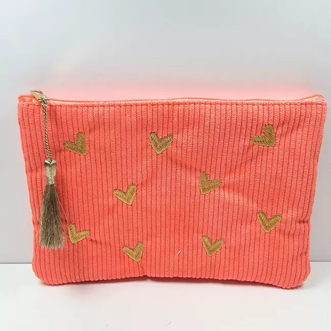 Trousse en velours côtelé corail brodée de cœurs dorés avec pompon, pochette zippée